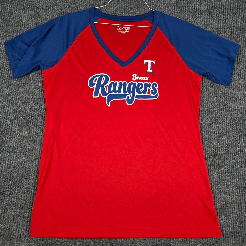 Texas‎ Rangers MLB Womens XL Red Blue Raglan V-Neck T-Shirt Campus Lifestyle